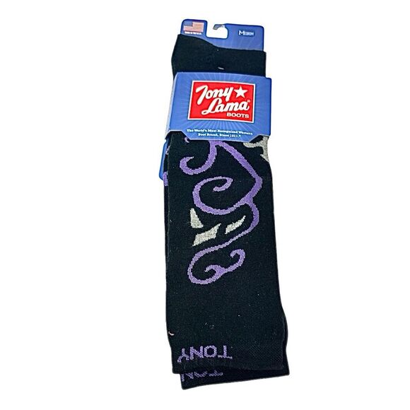 Men's Tony Lama Boot Socks 1,Pair Size Medium Black w/Purple-Gray Design - Picture 1 of 3
